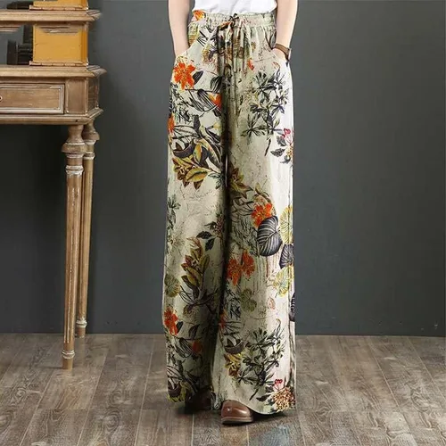 Vista 6 de PANOEGSN Pantalones de lino para mujer, talla grande, pantalones bohemios de cintura alta, estampado floral, pantalones de preppy, ropa casual