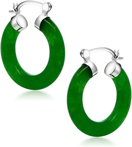 Vista 3 de Gem Stone King Aretes de aro de jade verde Plata de ley 925 Diámetro de 1/2 pulgada Aretes de aro clásicos con bisagra y poste con muescas