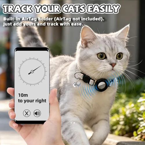 Vista 3 de PUPTECK Airtag - Collar de gato ajustable con campanas, collar de gatito ajustable para niñas y niños pequeños, cachorro, conejito, bonito accesorio