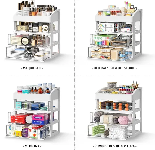 Vista 4 de Organizador de escritorio con cajones, organizador de almacenamiento de 3 cajones, cajones de almacenamiento de escritorio para suministros