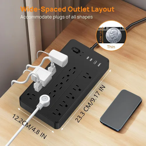 Vista 5 de Regleta de protección contra sobretensiones con 15 tomas, 4 puertos USB para 20 W, cable de extensión de enchufe plano de 6.5 pies con múltiples