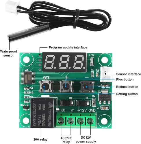 Vista 2 de W1209 DC 12V Tablero de controlador de temperatura digital azul pantalla digital termostato -58.0-230.0 °F Interruptor electrónico de control
