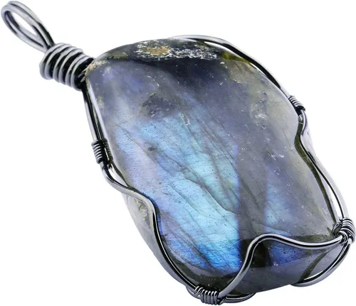 Vista 2 de Nupuyai Collar de labradorita natural unisex hecho a mano con alambre de piedra curativa irregular con cadena de 19 pulgadas, Piedra Metal