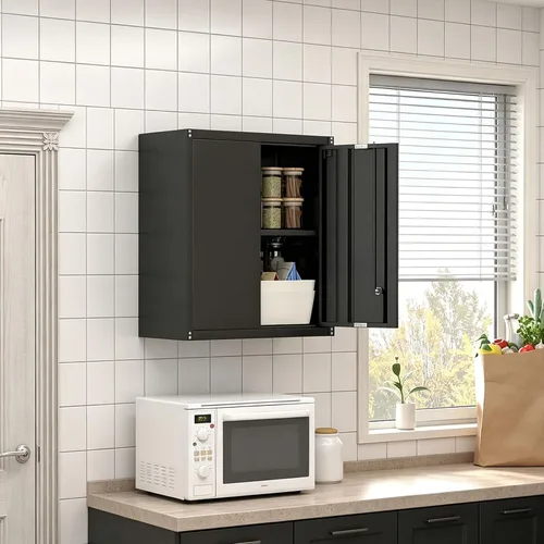 Vista 4 de Armarios de Pared para Garaje, Gabinete de Pared de Metal para Garaje con Puertas con Cerradura, Gabinete de Almacenamiento con Cerradura y Estante