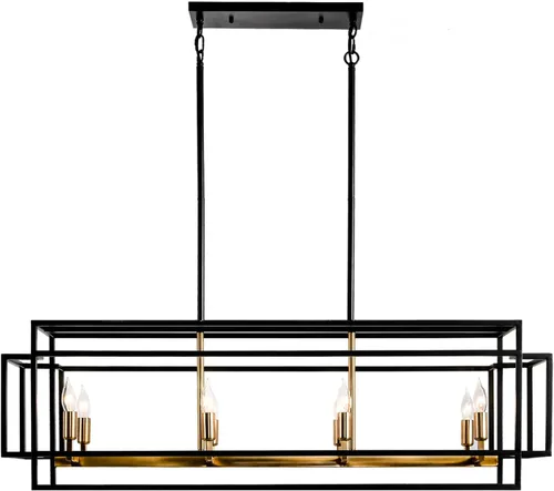 Vista 10 de Iluminación rústica de isla de cocina de granja, lámpara de 5 luces para comedor sobre mesa, lámpara de araña de madera rústica rectangular, lámpara