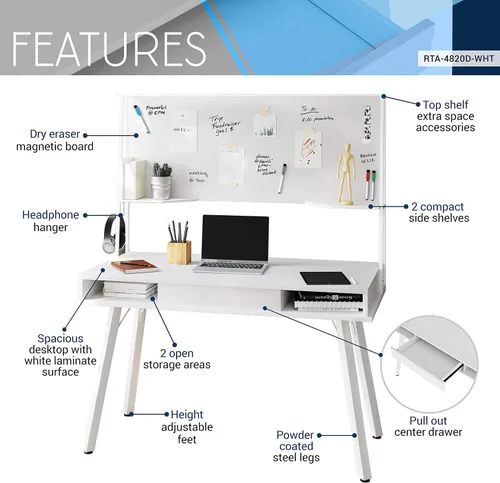 Vista 4 de Techni Mobili Escritorio para computadora de estudio con almacenamiento y pizarra blanca magnética de borrado en seco, color blanco