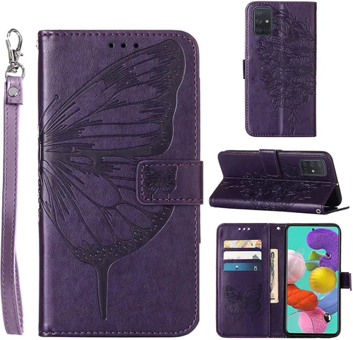 Vista 9 de para Samsung Galaxy A51 Case Wallet Flip Cover (Negro) Butterfly Floral Embossed Pattern, Wrist Strap, PU Leather, Card Holder Slots, Cash Pocket