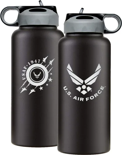 Vista 3 de Military Gift Shop Botella de agua aislada de acero inoxidable de la Fuerza Aérea de 32 onzas con logotipo grabado de la USAF – Regalos de la Fuerza