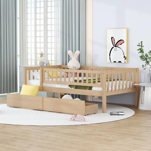 Vista 16 de Harper & Bright Designs Base de cama para niños de tamaño matrimonial con 2 cajones, sofá cama matrimonial de madera con valla, marco de cama