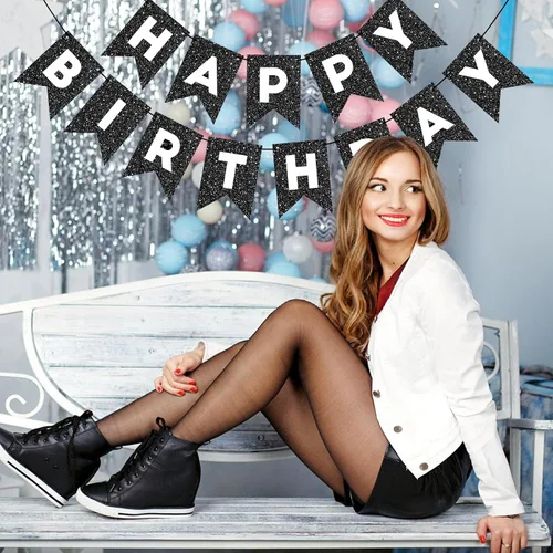 Vista 8 de Cartel de feliz cumpleaños con purpurina negra para hombres, mujeres y niños, guirnalda de feliz cumpleaños negra, suministros de fiesta, decoración