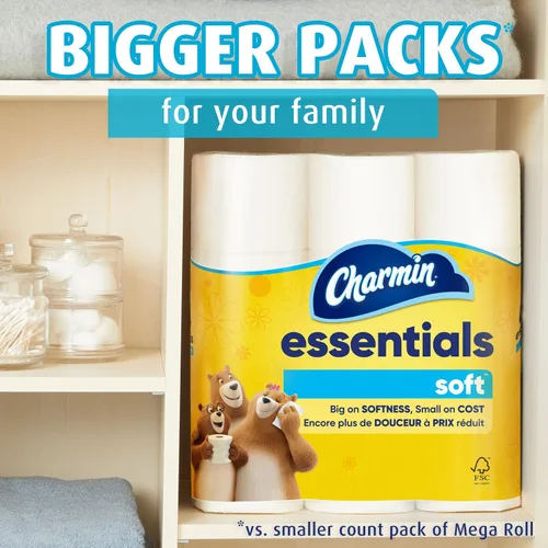 Vista 6 de Charmin Essentials - Papel higiénico suave, 6 mega rollos, 330 hojas por rollo