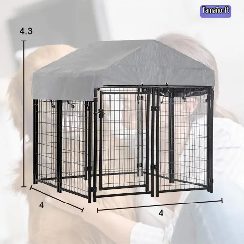 Vista 7 de BestPet Perrera resistente para perros de 4 x 4.3 pies con techo impermeable, jaula grande de acero galvanizado para perros medianos y grandes