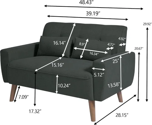 Vista 2 de Sofá de dos plazas con dos cojines, sofá estilo loveseat moderno de mediados de siglo para sala de estar, tela de lino, 48" (Negro)