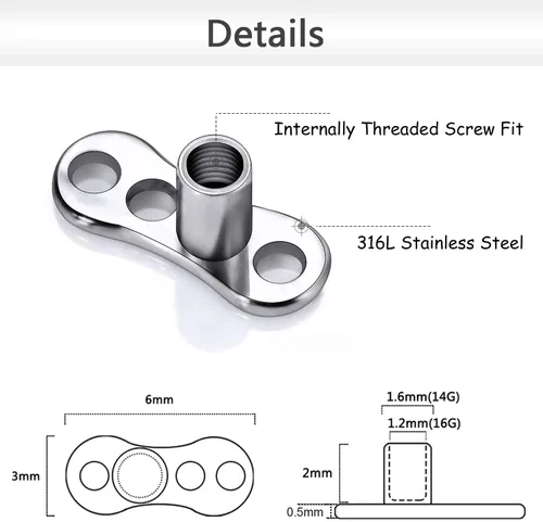 Vista 3 de PunkTracker Piercing dérmico de ópalo de acero inoxidable 316L para piercings dérmicos con rosca interna, kit de piercing dérmico