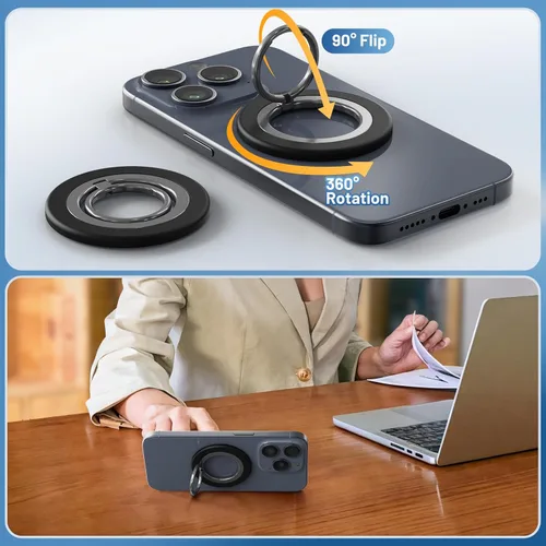 Vista 6 de Agarre magnético para teléfono para conducir manos libres y uso en la cama, soporte de metal compatible con iPhones MagSafe, soporte de anillo