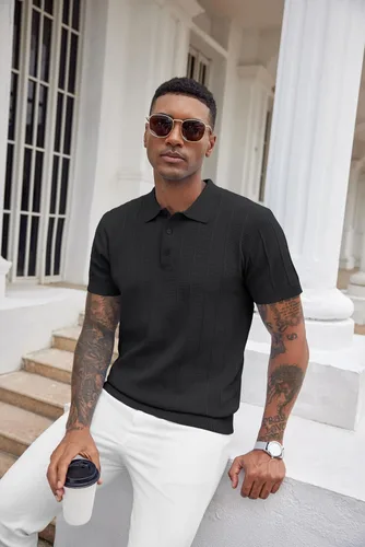Vista 105 de COOFANDY Camisas polo de punto para hombre de manga corta con textura acanalada Camisas de golf casuales y ligeras con cuello Camiseta de polo