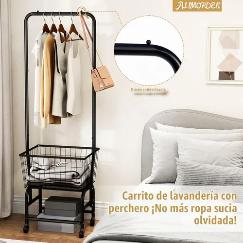 Vista 6 de ALIMORDEN Carrito de lavandería con estante colgante y cesta de metal Negro