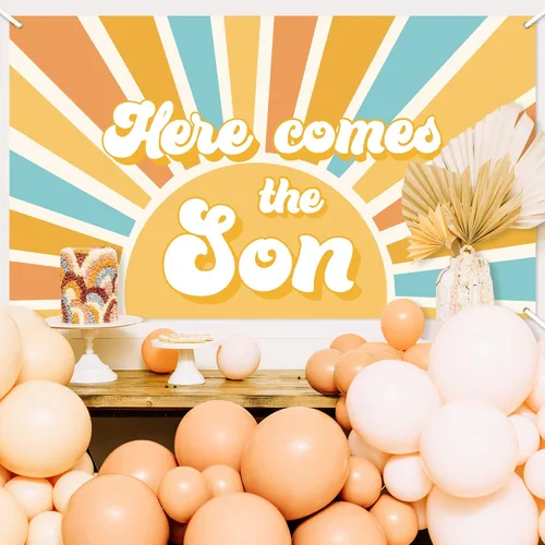 Vista 4 de Here Comes The Son - Telón de fondo para baby shower, estilo bohemio, retro, apagado, amanecer, decoración para colgar en la pared, fiesta