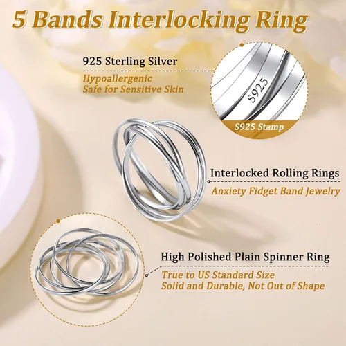 Vista 4 de Suplight Anillos entrelazados de plata de ley para mujer, anillo simple para ansiedad, anillos de polvo de estrellas lisos, anillo apilable
