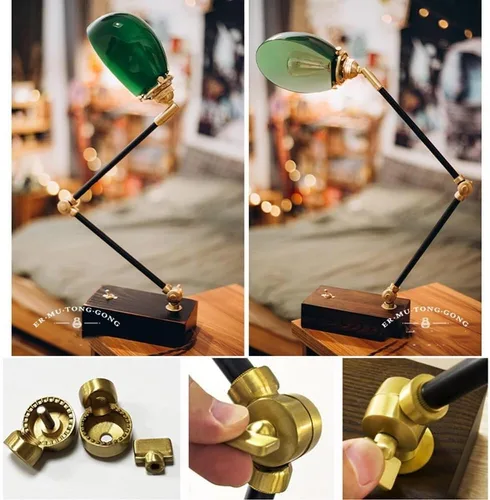 Vista 4 de Vintage Industrial Green Glass Table Lamp Modern Antique Brass and Wood Body Desk Light with Button Switch Table Lights for Bedroom(Walnut,Short)