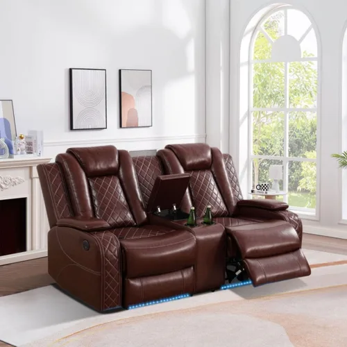 Vista 12 de Silla reclinable eléctrica, sofá biplaza, sofá para sala de estar, cómodo asiento de cuero transpirable para cine en casa con puertos de carga USB