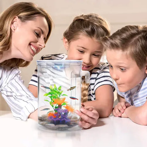 Vista 2 de Betta Fish Tank, acuario 360 con luz LED, pecera de 1 galón, kit de iniciadores de pecera pequeña, limpieza automática de tanque de peces beta como
