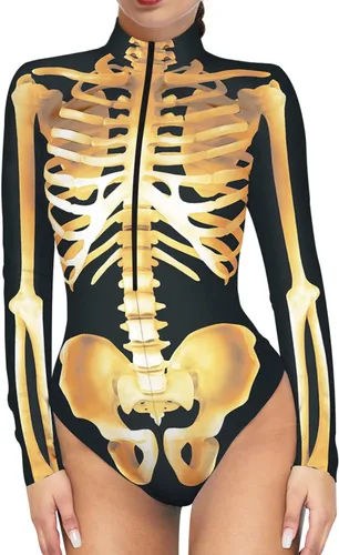 Vista 13 de Enterizo de esqueleto para mujer, con cremallera, traje sexy de una pieza para Halloween Esqueleto 3D