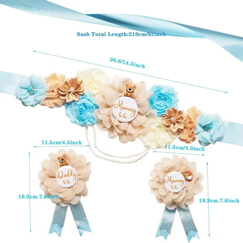 Vista 2 de Juego de banda de maternidad de oso de peluche para mamá y papá, ramillete, flores, suministros de recuerdo de baby shower, decoraciones