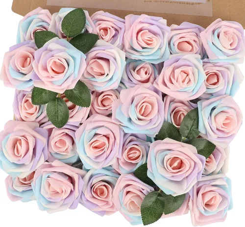 Vista 30 de MACTING 30 PCS Flores Artificiales Rosas Negras y Blancas Flores Falsas con Tallo Rosas de Espuma de Tacto Real para Boda Bola de Besos Ramillete