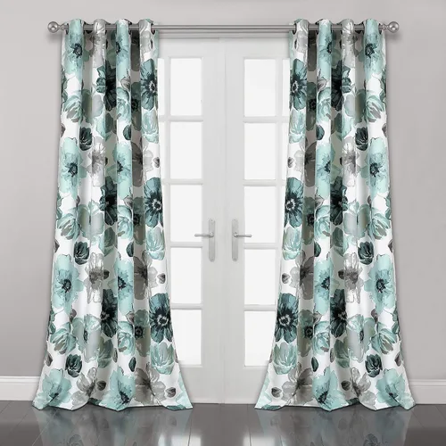 Vista 19 de Lush Decor Julie - Paneles de cortinas de ventana con aislamiento floral y ojales 100% opacas, par, 38" de ancho x 95" de largo, azul y verde Azul
