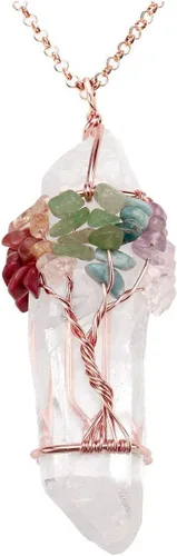 Vista 2 de Jovivi Paquete 2 artículos Collar de cuarzo transparente natural envuelto en alambre de árbol de la vida con piedras preciosas de chakras