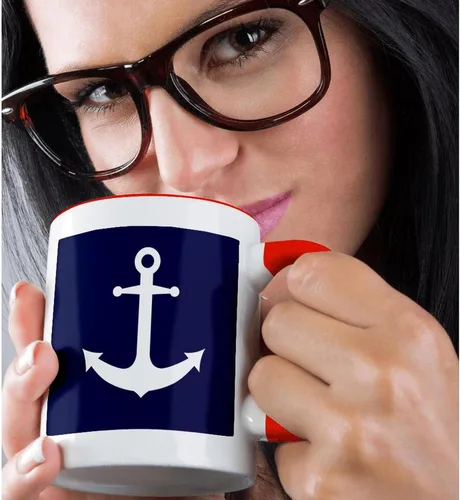 Vista 2 de 3dRose Taza roja de dos tonos con diseño de ancla náutica azul marino y blanco de 11 oz