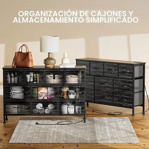 Vista 5 de Lulive Cómoda negra de 10 cajones para dormitorio, soporte de TV con toma de corriente, cómoda central de entretenimiento para TV de 55 pulgadas