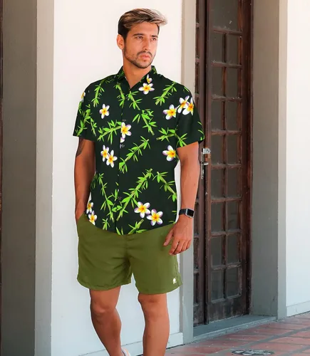 Vista 3 de HAPPY BAY Camisa hawaiana de playa con flores de verano para hombre, manga corta, tropical, con botones, para hombre