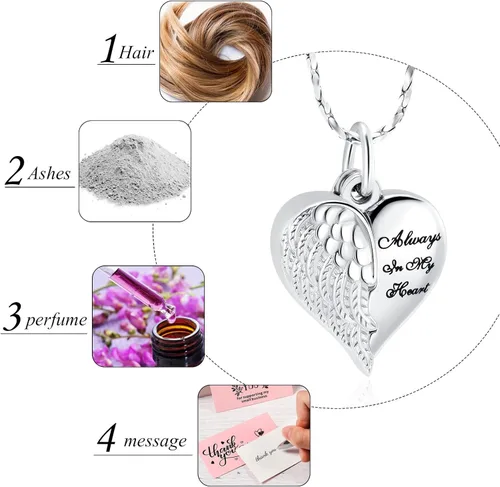 Vista 4 de Imrsanl Joyería de cremación para cenizas, collar de urna de corazón, colgantes, cenizas para mujeres, hombres, recuerdo familiar, ala de ángel