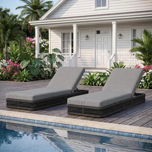 Vista 39 de Outdoor Chaise Lounge Chairs Set of 2, Brown Woven Rope Pool Lounge Chairs marrón/beige