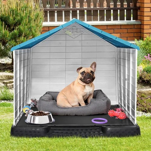 Vista 3 de Casa de plástico resistente al agua para perros pequeños a grandes, refugio para cachorros de interior con rejillas de ventilación y piso elevado
