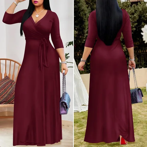 Vista 4 de FANDEE - Vestido largo de verano para mujer, unicolor, bohemio con cuello en V y manga 34