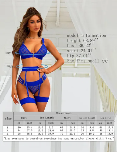 Vista 5 de Queenfox Conjunto de lencería para mujer, 5 piezas, cuello en V, malla de malla con encaje, brasier y braga con liguero