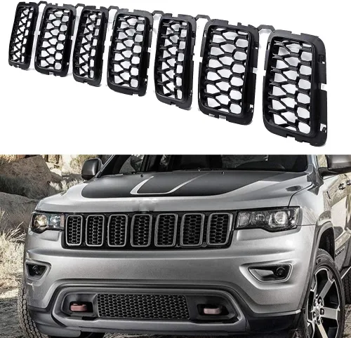 Vista 2 de 7 piezas de rejilla frontal de nido de abeja negro para parrilla de coche compatible con Jeep Grand Cherokee 2017 2018 2019 2020 2021