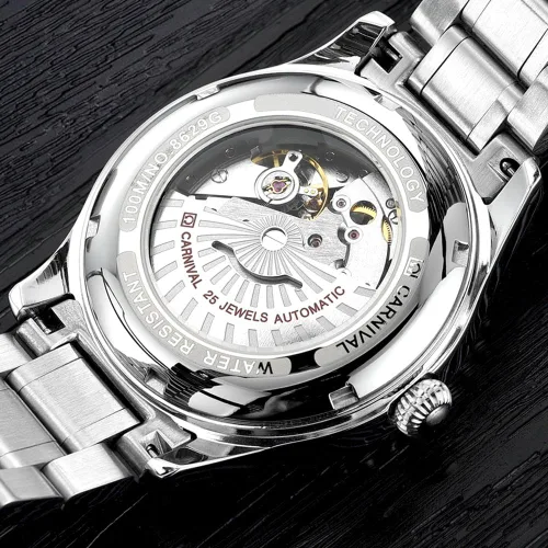 Vista 4 de Carnival Reloj negro para hombre con esfera automática, de acero inoxidable, cristal de zafiro, impermeable, para hombre