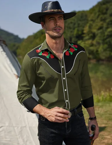 Vista 2 de COOFANDY Camisa de manga larga con botones bordados con diseño de rosas para hombre