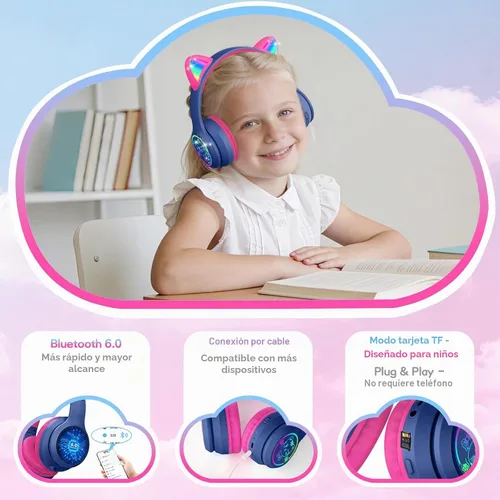 Vista 3 de IFECCO - Auriculares inalámbricos para niños con funda, linda oreja de gato con luz LED, tiempo de reproducción de 50 horas, volumen seguro