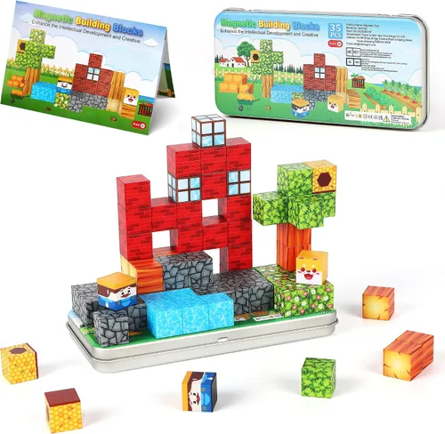 Vista 8 de SYSKENI Juego de 35 Bloques Magnéticos de Viaje, Mini Bloques Magnéticos Juguetes de Viaje para Niños de 3-5 y 4-8 Años, Cubos Magnéticos Portátiles