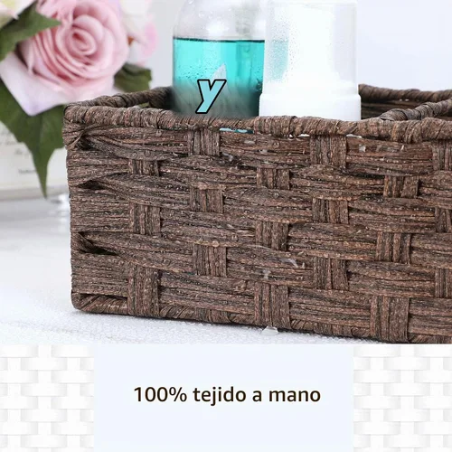 Vista 4 de [Compartimentos más grandes] Cesta de papel superior del tanque de inodoro - Cesta de mimbre de plástico multiusos tejida a mano con divisor