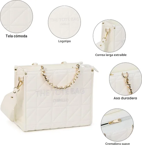 Vista 4 de Chinllo - Bolso de mano para mujer, bolsa satchel con asa superior y correa para el hombro Acolchado blanco