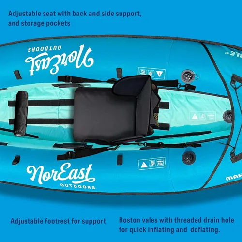 Vista 3 de Paquete de kayak inflable de 9 pies (Explorer) - Asiento inflable ajustable con respaldo, paleta ajustable, funda de transporte, bomba y kit