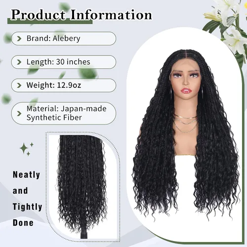 Vista 5 de Alebery Pelucas Trenzadas de Caja Bohemias Sin Nudos de Encaje Frontal HD 13X8 para Mujeres Negras Pelucas de Trenzas de Caja Bohemias con Rizos