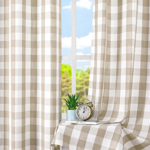 Vista 2 de Amzdecor Cortinas a cuadros con ojales de búfalo de 54 pulgadas de largo, cortinas texturizadas semitransparentes para sala de estar, dormitorio
