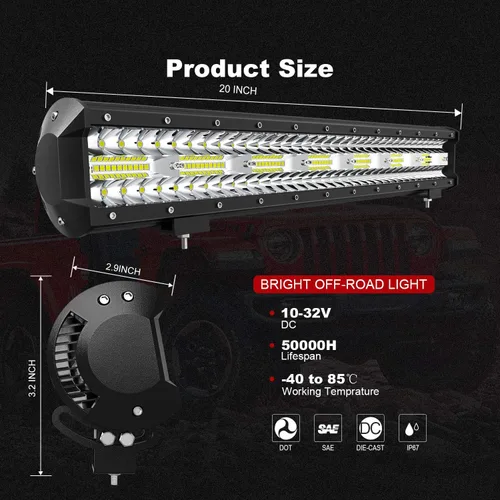 Vista 2 de Barra de luz LED Terrain Vision de 20 pulgadas 420 W triple fila de focos de inundación, barra de luz todoterreno, 2 piezas de 4 pulgadas 60 W luces